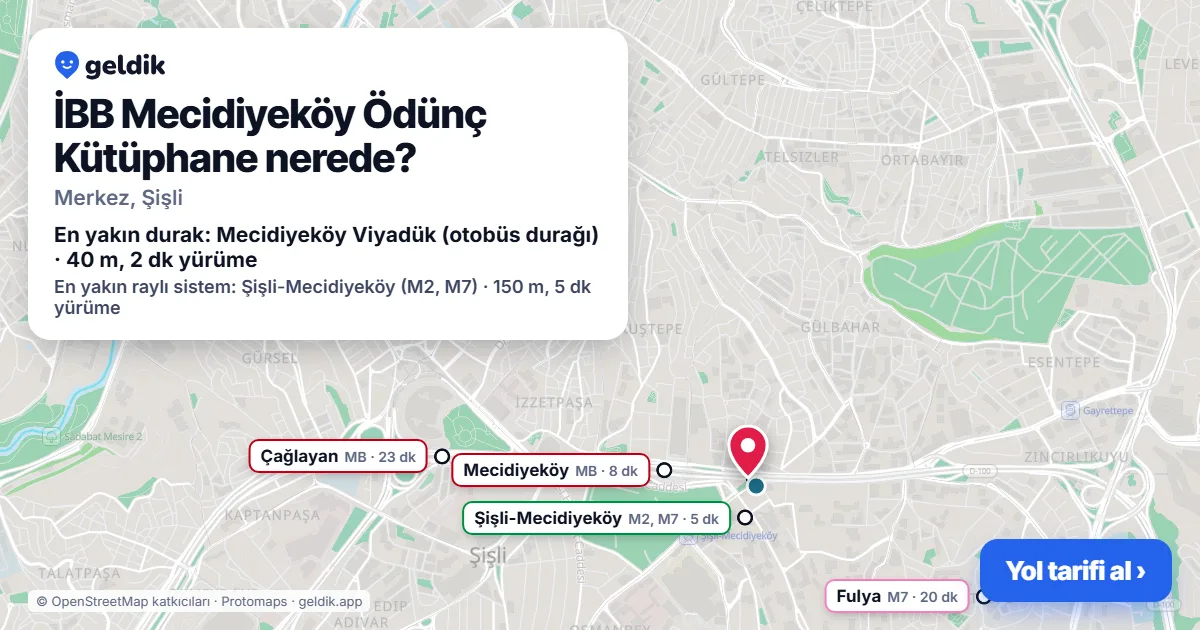 Where is İBB Mecidiyeköy Ödünç Kütüphane: map with its location and the nearest stops, with walking times