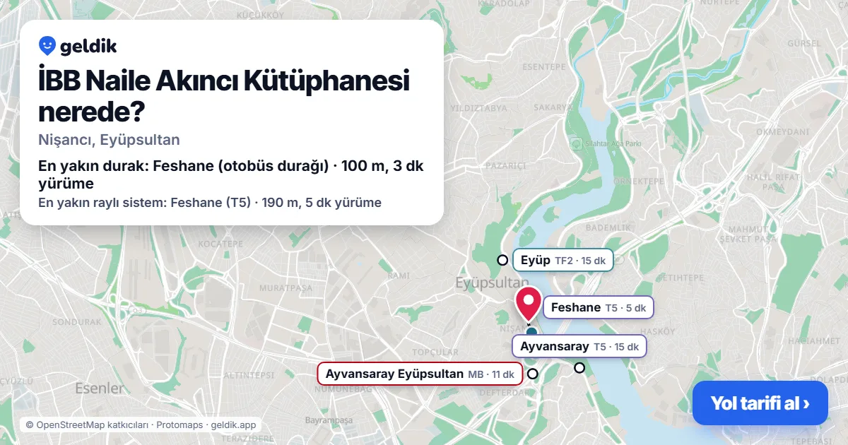 Where is İBB Naile Akıncı Kütüphanesi: map with its location and the nearest stops, with walking times