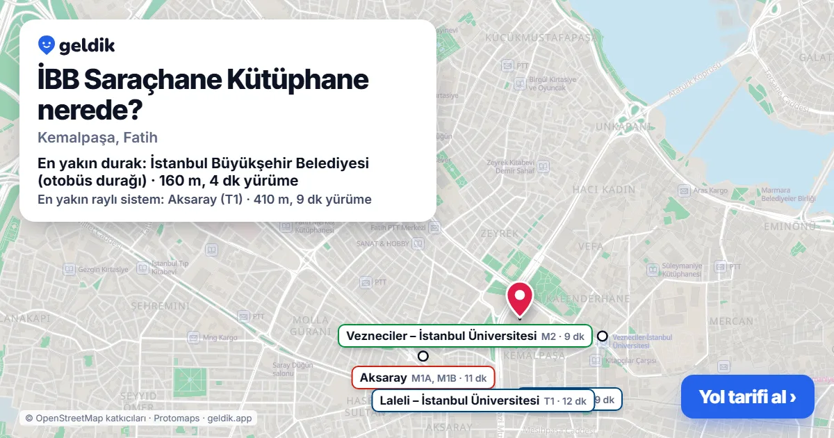 Where is İBB Saraçhane Kütüphane: map with its location and the nearest stops, with walking times