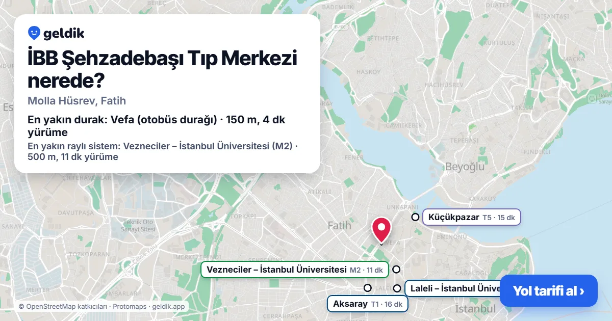Where is İBB Şehzadebaşı Tıp Merkezi: map with its location and the nearest stops, with walking times