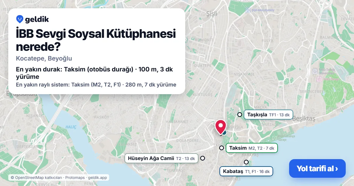 Where is İBB Sevgi Soysal Kütüphanesi: map with its location and the nearest stops, with walking times