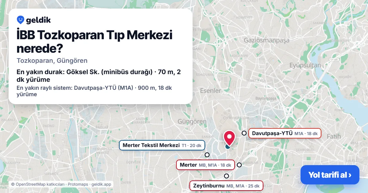 Where is İBB Tozkoparan Tıp Merkezi: map with its location and the nearest stops, with walking times