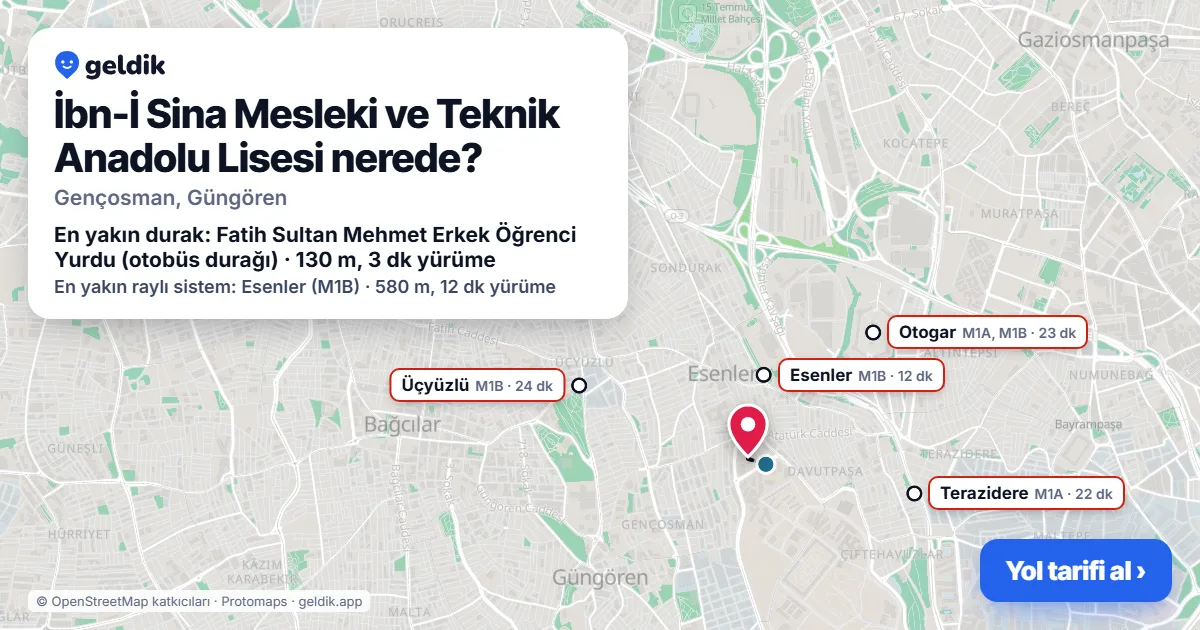 Where is İbn-İ Sina Mesleki ve Teknik Anadolu Lisesi: map with its location and the nearest stops, with walking times