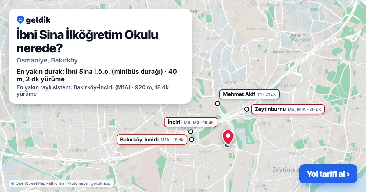 Where is İbni Sina İlköğretim Okulu: map with its location and the nearest stops, with walking times