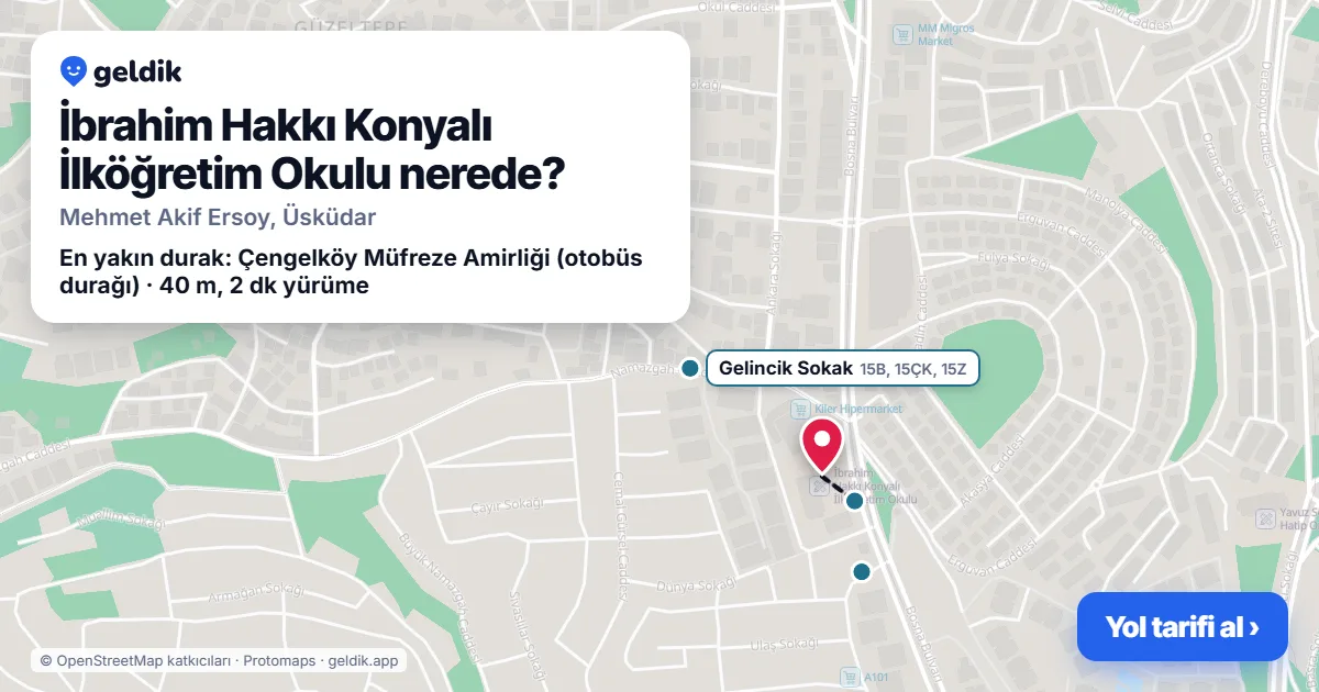 İbrahim Hakkı Konyalı İlköğretim Okulu nerede: haritada konumu ve en yakın duraklar, yürüme süreleriyle