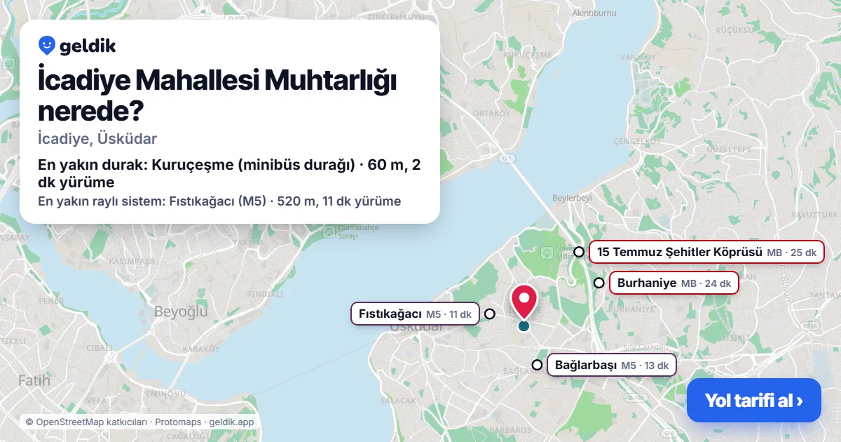 İcadiye Mahallesi Muhtarlığı nerede: haritada konumu ve en yakın duraklar, yürüme süreleriyle