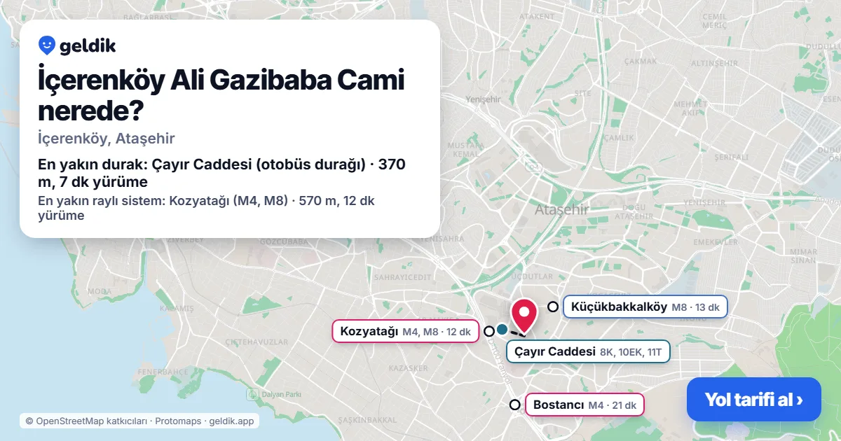 Where is İçerenköy Ali Gazibaba Cami: map with its location and the nearest stops, with walking times