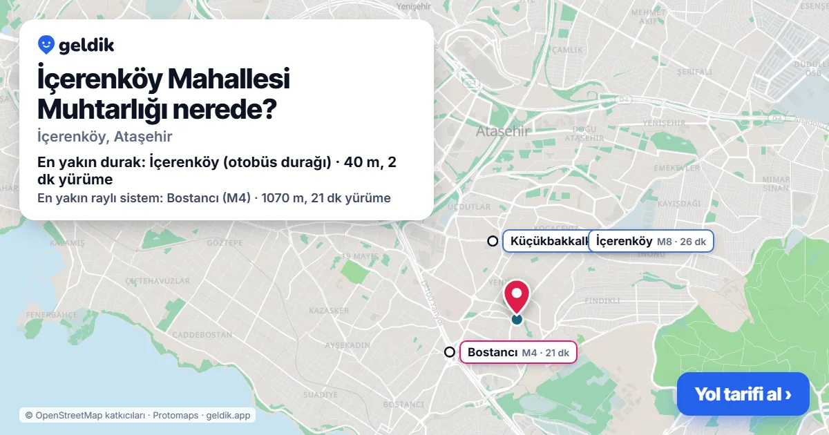 İçerenköy Mahallesi Muhtarlığı nerede: haritada konumu ve en yakın duraklar, yürüme süreleriyle
