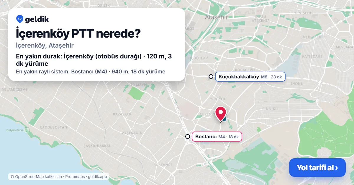 Where is İçerenköy PTT: map with its location and the nearest stops, with walking times