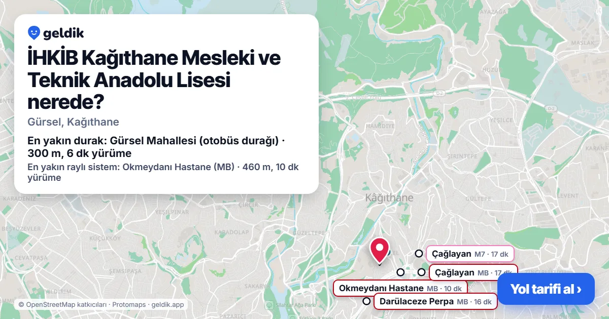 Where is İHKİB Kağıthane Mesleki ve Teknik Anadolu Lisesi: map with its location and the nearest stops, with walking times