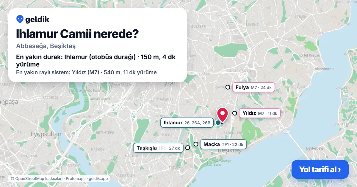 Ihlamur Camii nerede: haritada konumu ve en yakın duraklar, yürüme süreleriyle
