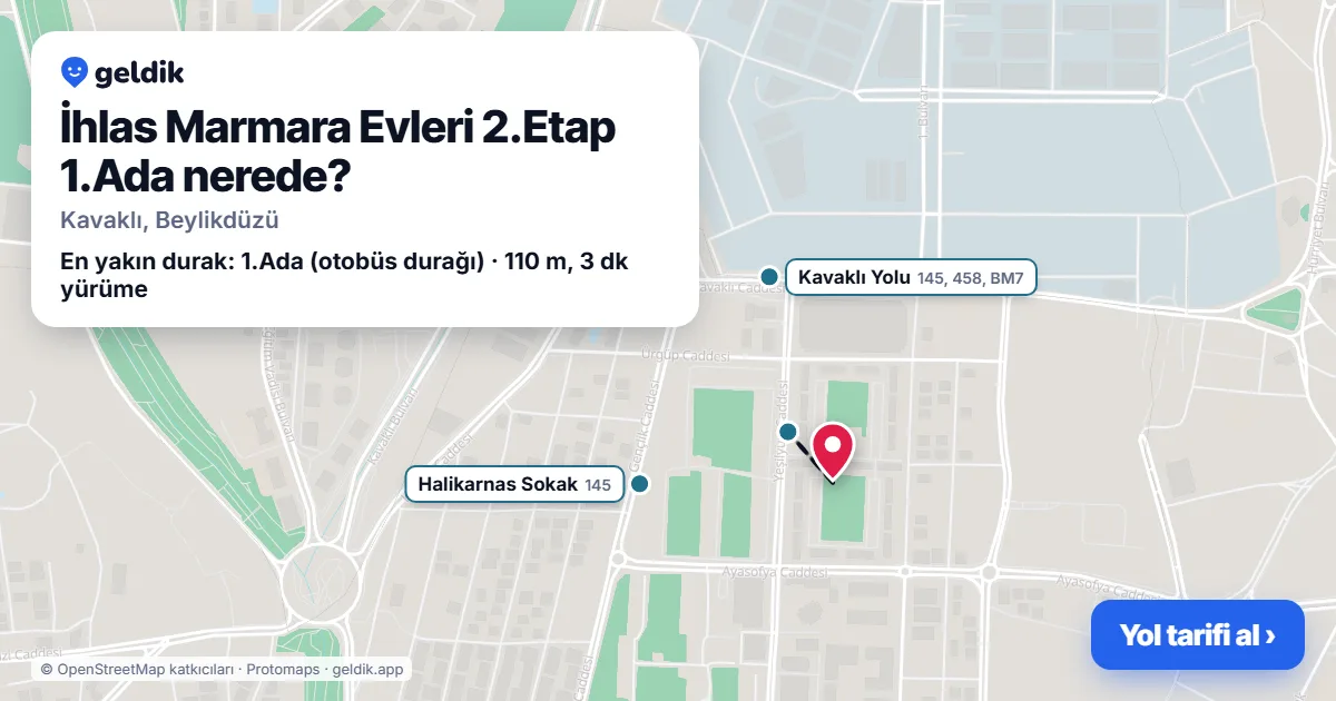 İhlas Marmara Evleri 2.Etap 1.Ada nerede: haritada konumu ve en yakın duraklar, yürüme süreleriyle