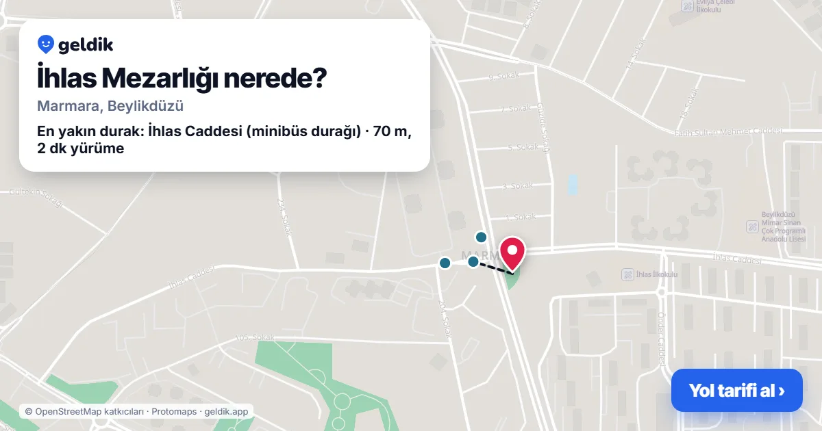 İhlas Mezarlığı nerede: haritada konumu ve en yakın duraklar, yürüme süreleriyle