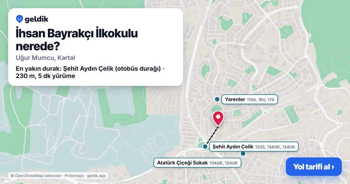 Where is İhsan Bayrakçı İlkokulu: map with its location and the nearest stops, with walking times