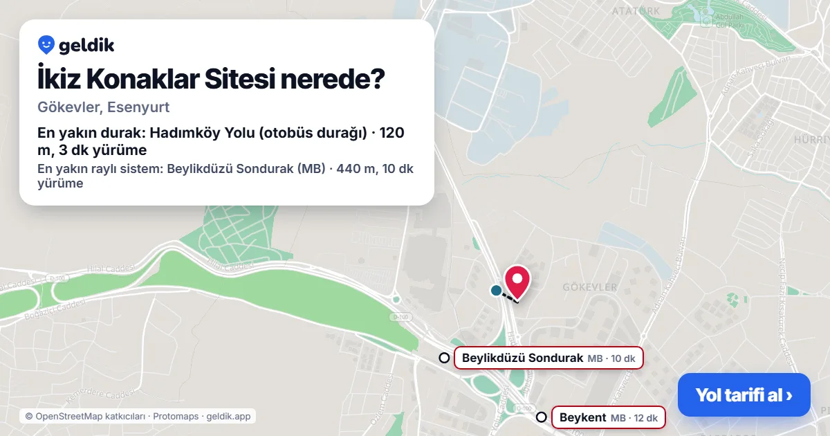 İkiz Konaklar Sitesi nerede: haritada konumu ve en yakın duraklar, yürüme süreleriyle