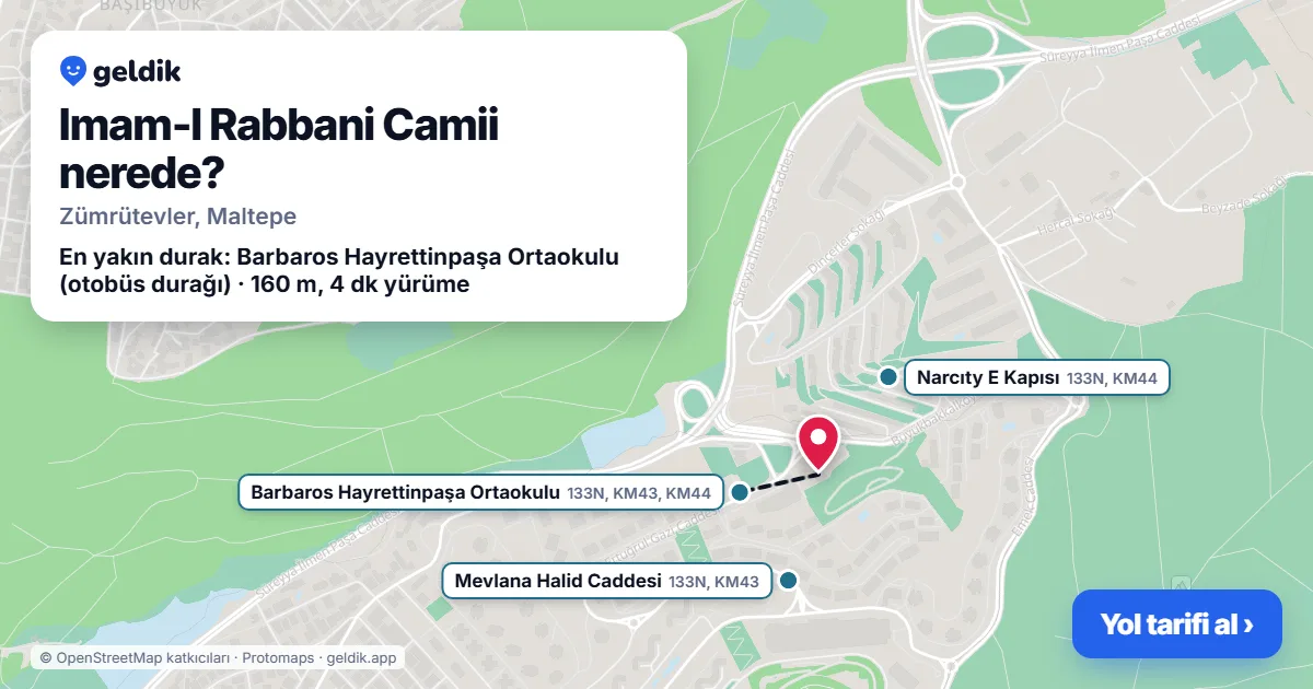 Where is Imam-I Rabbani Camii: map with its location and the nearest stops, with walking times