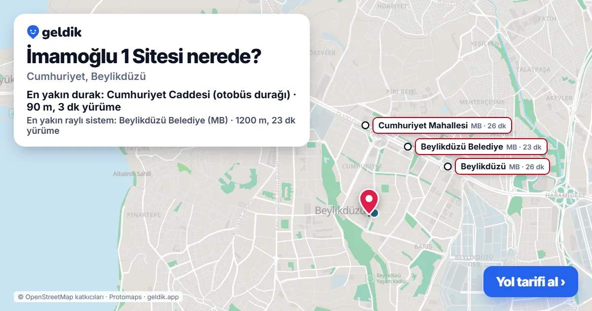 İmamoğlu 1 Sitesi nerede: haritada konumu ve en yakın duraklar, yürüme süreleriyle