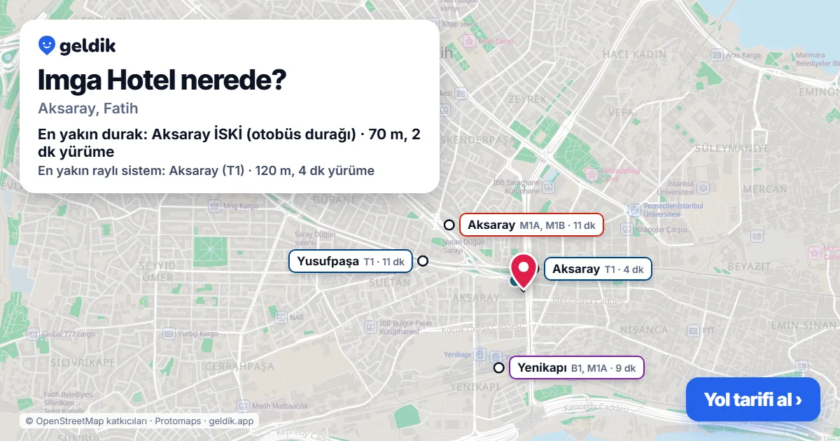 Where is Imga Hotel: map with its location and the nearest stops, with walking times