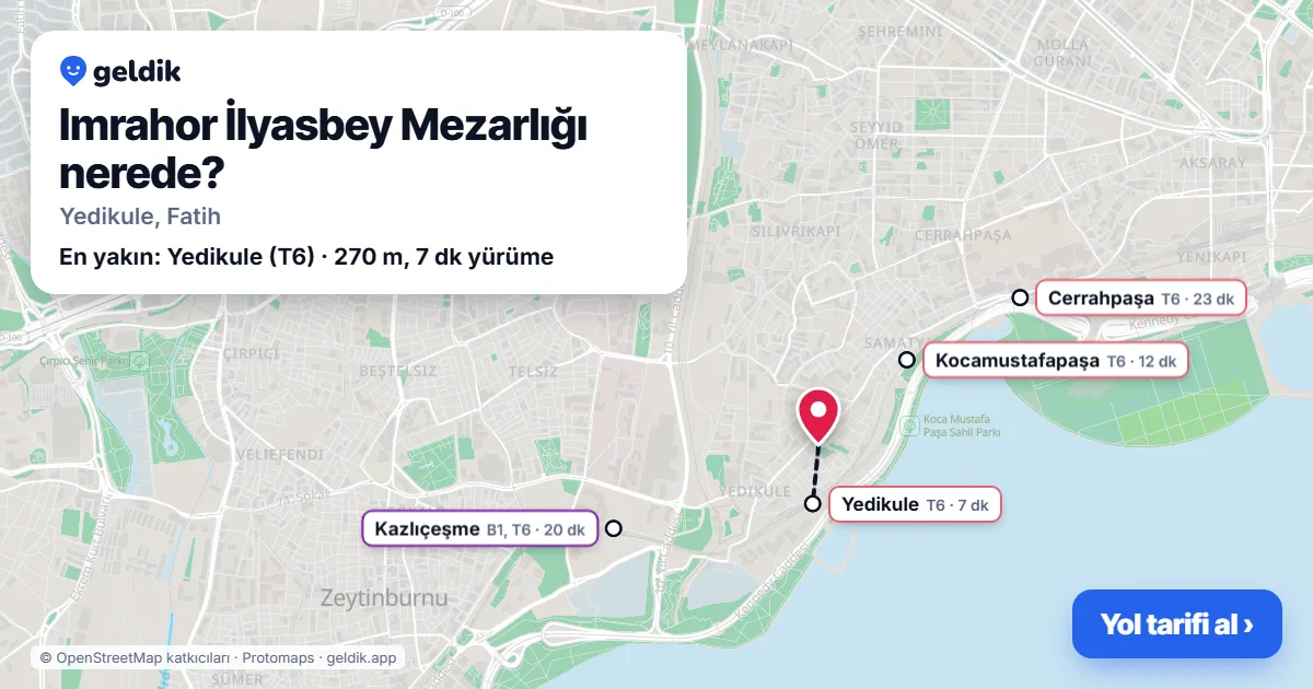 Imrahor İlyasbey Mezarlığı nerede: haritada konumu ve en yakın duraklar, yürüme süreleriyle