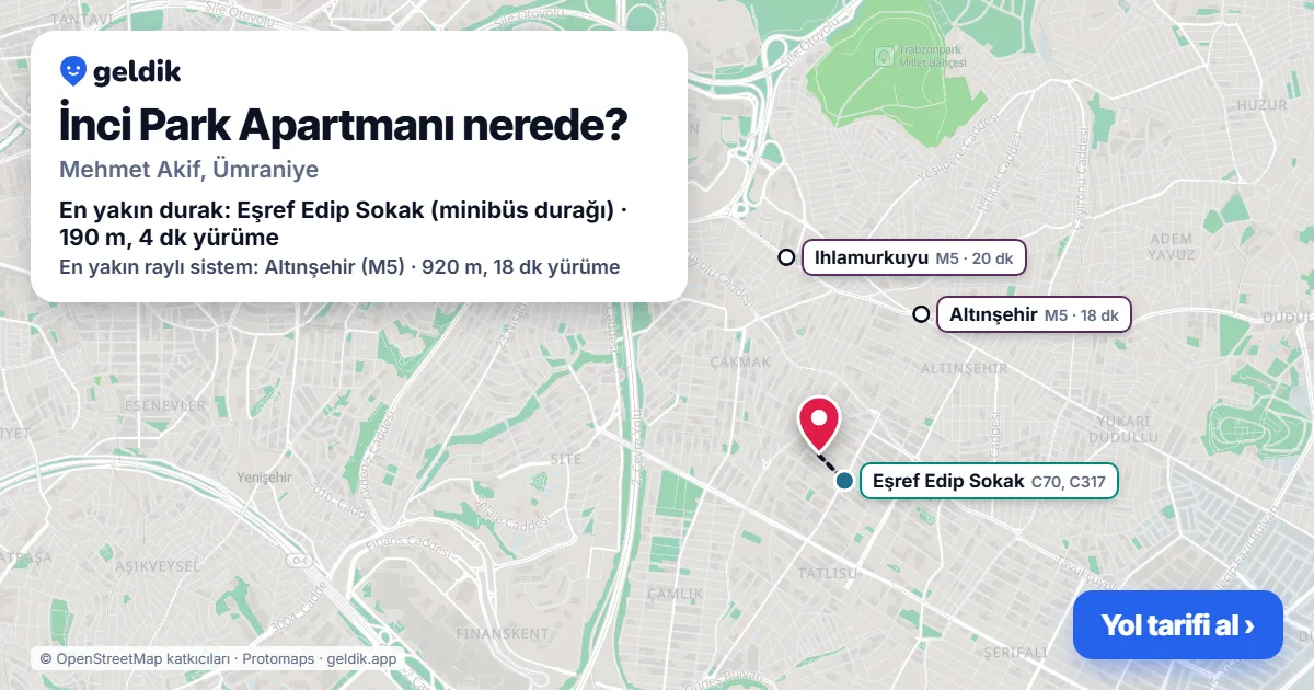 İnci Park Apartmanı nerede: haritada konumu ve en yakın duraklar, yürüme süreleriyle