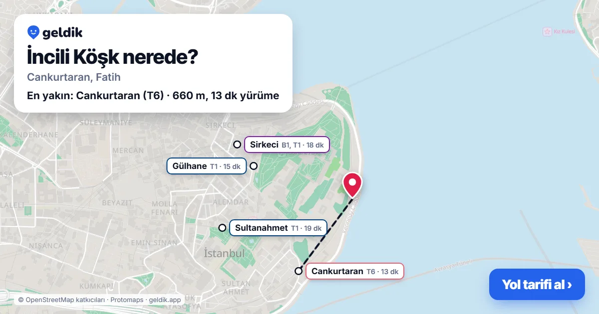 İncili Köşk nerede: haritada konumu ve en yakın duraklar, yürüme süreleriyle
