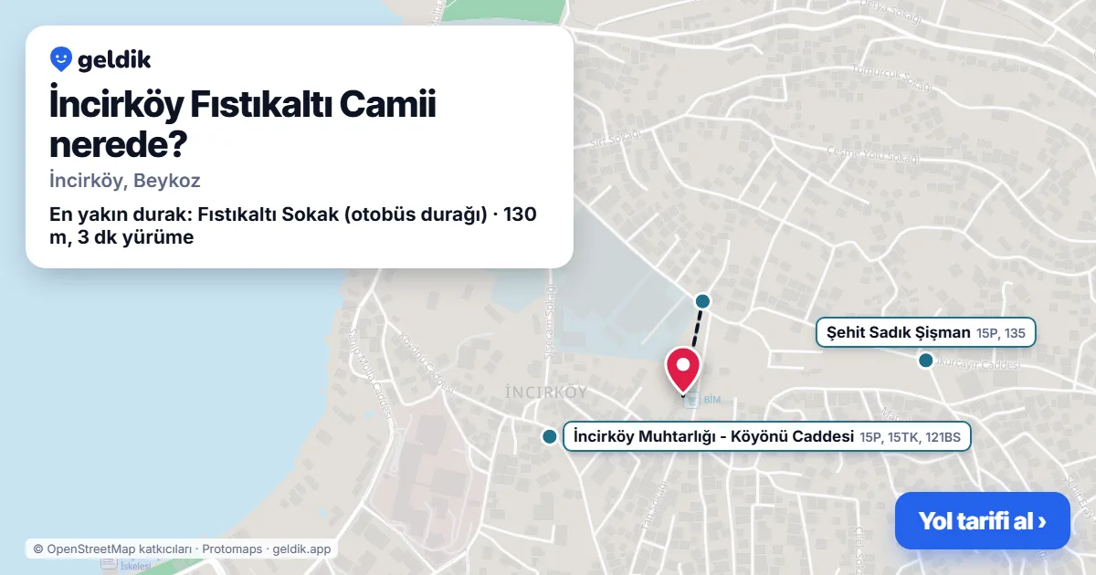 İncirköy Fıstıkaltı Camii nerede: haritada konumu ve en yakın duraklar, yürüme süreleriyle