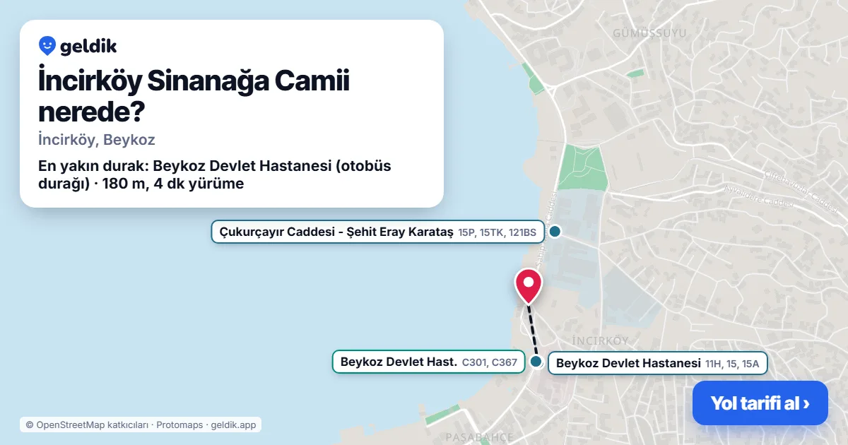 İncirköy Sinanağa Camii nerede: haritada konumu ve en yakın duraklar, yürüme süreleriyle
