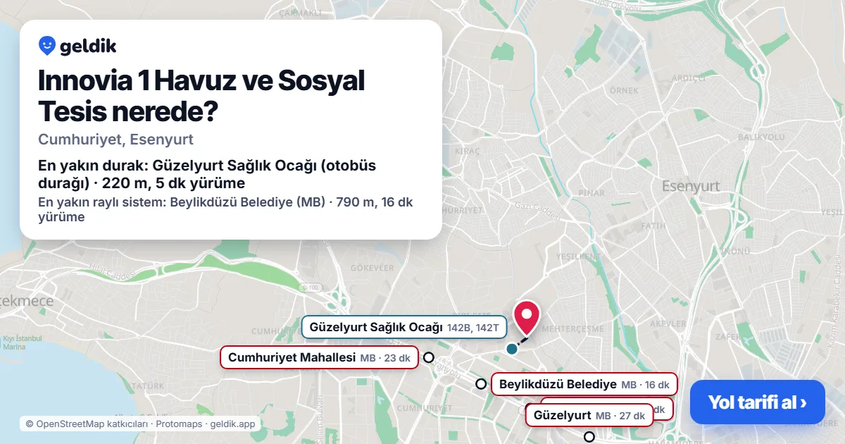 Innovia 1 Havuz ve Sosyal Tesis nerede: haritada konumu ve en yakın duraklar, yürüme süreleriyle