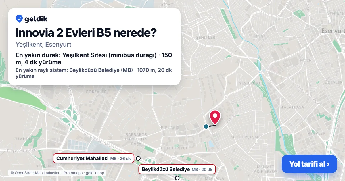 Where is Innovia 2 Evleri B5: map with its location and the nearest stops, with walking times