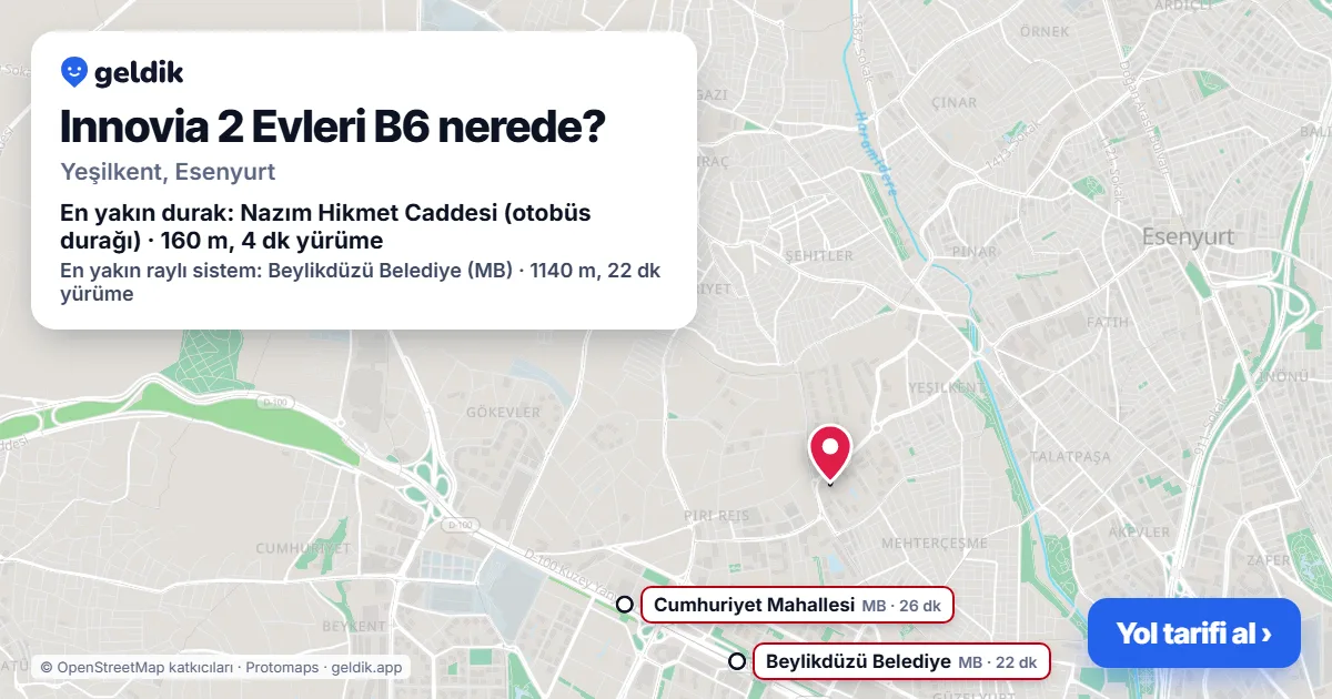 Innovia 2 Evleri B6 nerede: haritada konumu ve en yakın duraklar, yürüme süreleriyle