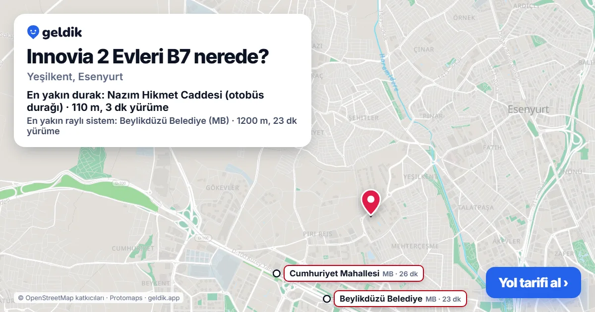 Where is Innovia 2 Evleri B7: map with its location and the nearest stops, with walking times