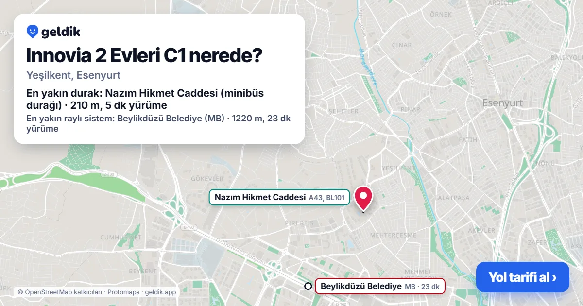 Where is Innovia 2 Evleri C1: map with its location and the nearest stops, with walking times