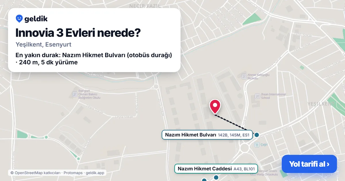 Innovia 3 Evleri nerede: haritada konumu ve en yakın duraklar, yürüme süreleriyle