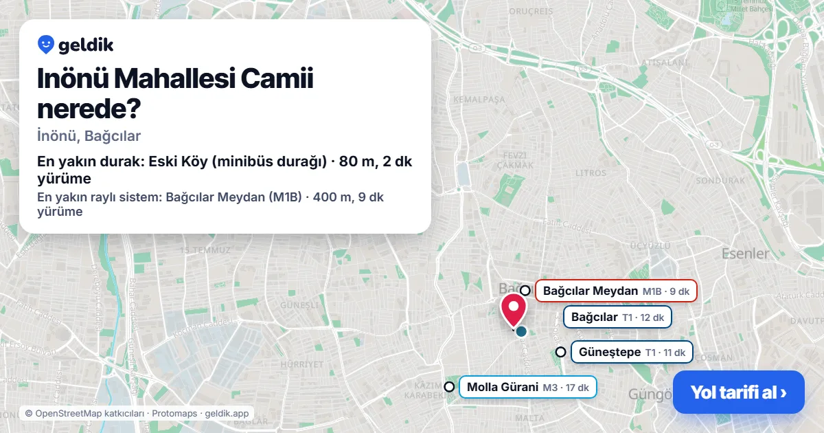 Where is Inönü Mahallesi Camii: map with its location and the nearest stops, with walking times