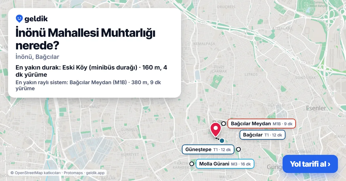 İnönü Mahallesi Muhtarlığı nerede: haritada konumu ve en yakın duraklar, yürüme süreleriyle