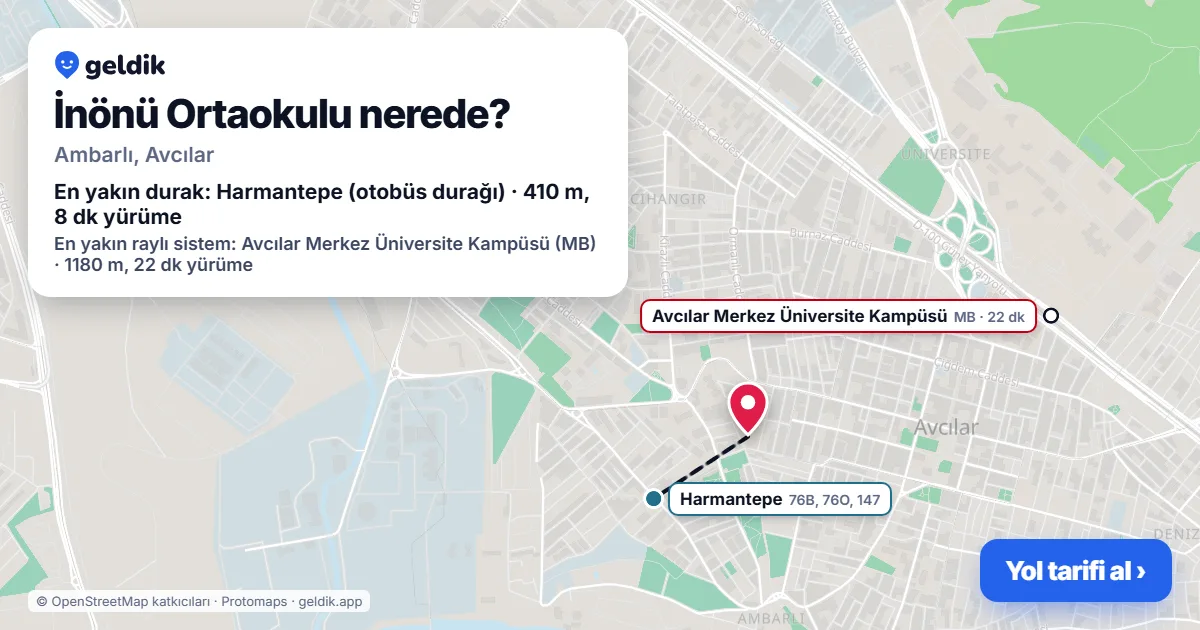 İnönü Ortaokulu nerede: haritada konumu ve en yakın duraklar, yürüme süreleriyle