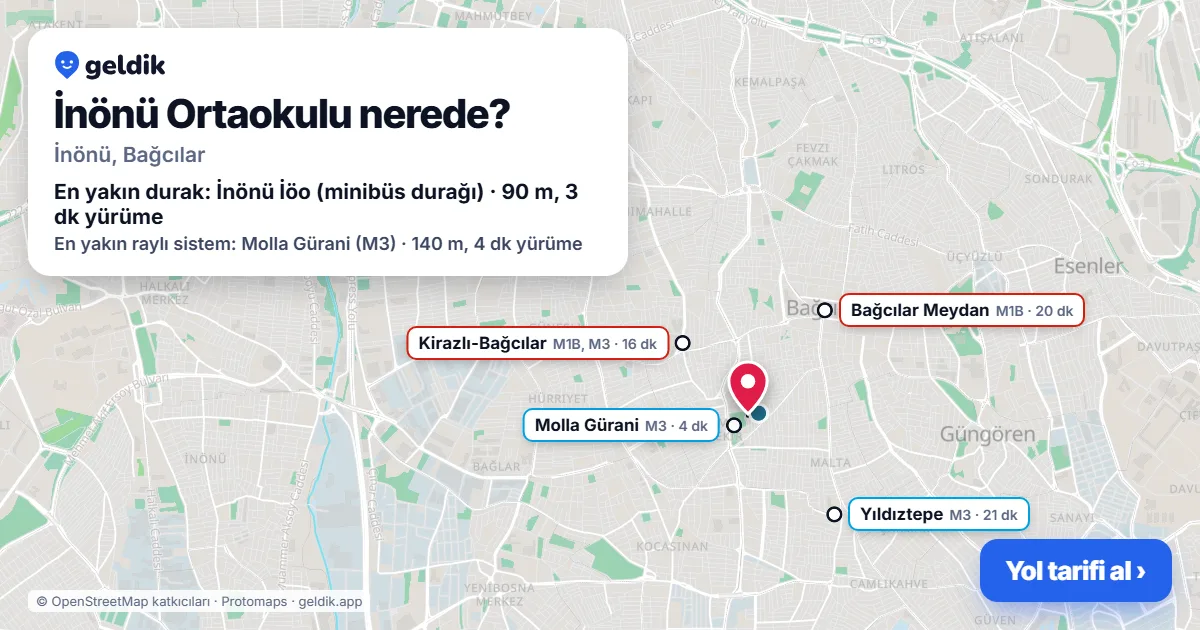 Where is İnönü Ortaokulu: map with its location and the nearest stops, with walking times