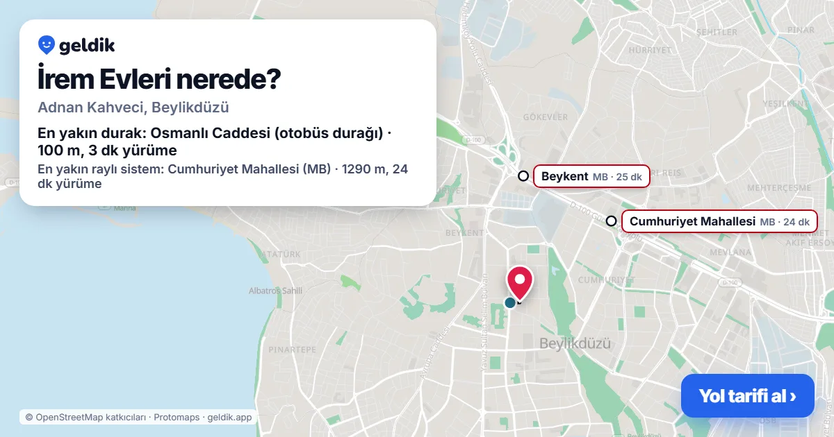 Where is İrem Evleri: map with its location and the nearest stops, with walking times