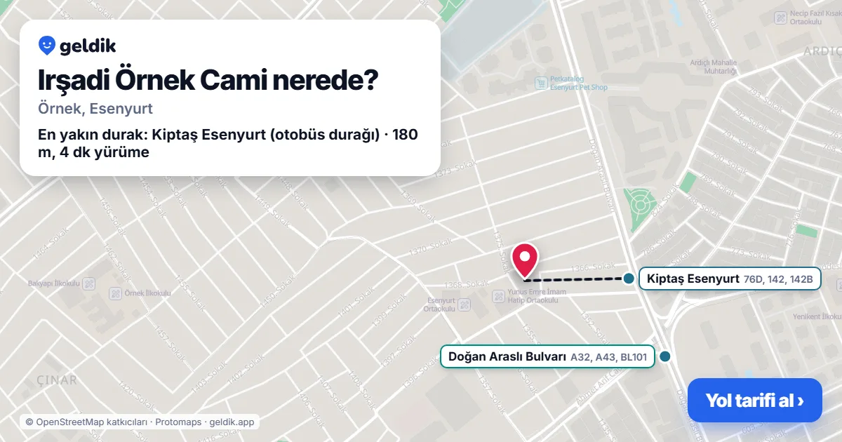 Irşadi Örnek Cami nerede: haritada konumu ve en yakın duraklar, yürüme süreleriyle