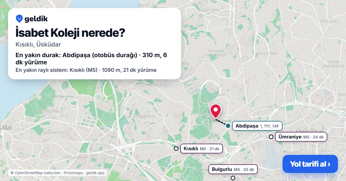 Where is İsabet Koleji: map with its location and the nearest stops, with walking times