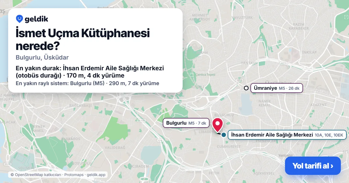 Where is İsmet Uçma Kütüphanesi: map with its location and the nearest stops, with walking times