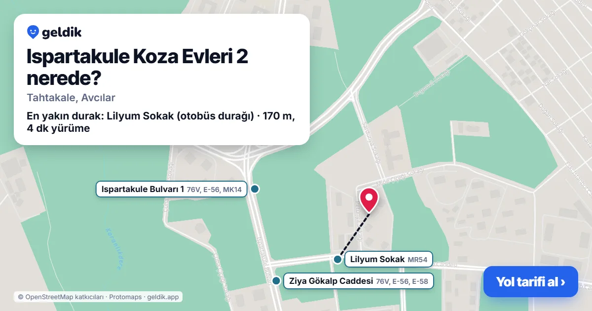 Ispartakule Koza Evleri 2 nerede: haritada konumu ve en yakın duraklar, yürüme süreleriyle