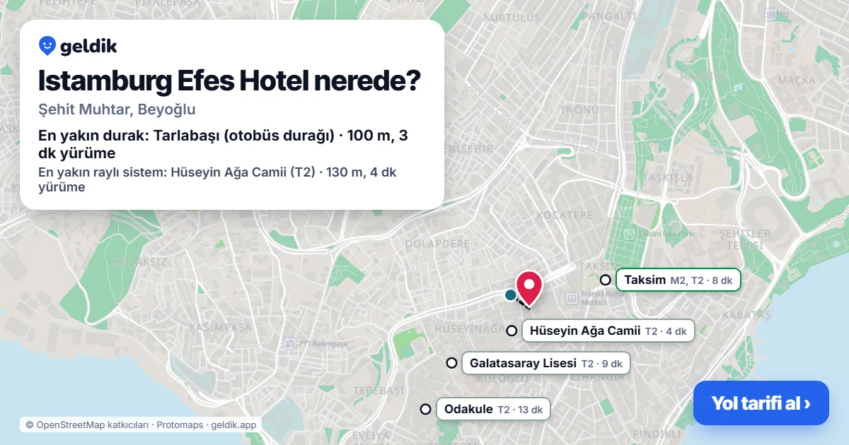 Istamburg Efes Hotel nerede: haritada konumu ve en yakın duraklar, yürüme süreleriyle