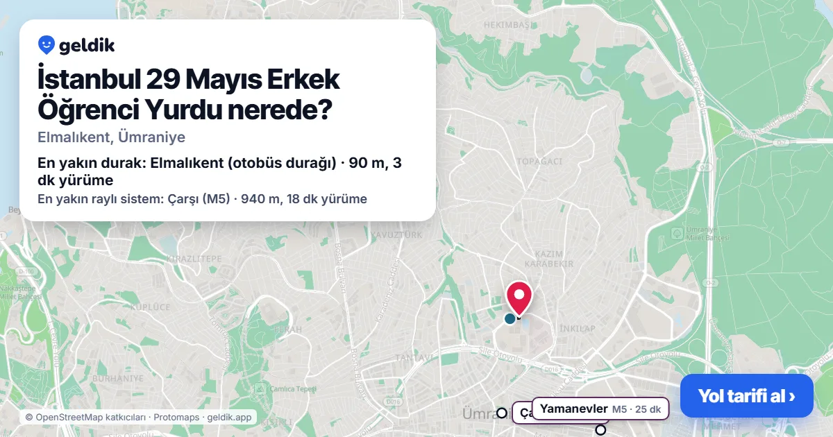 Where is İstanbul 29 Mayıs Erkek Öğrenci Yurdu: map with its location and the nearest stops, with walking times
