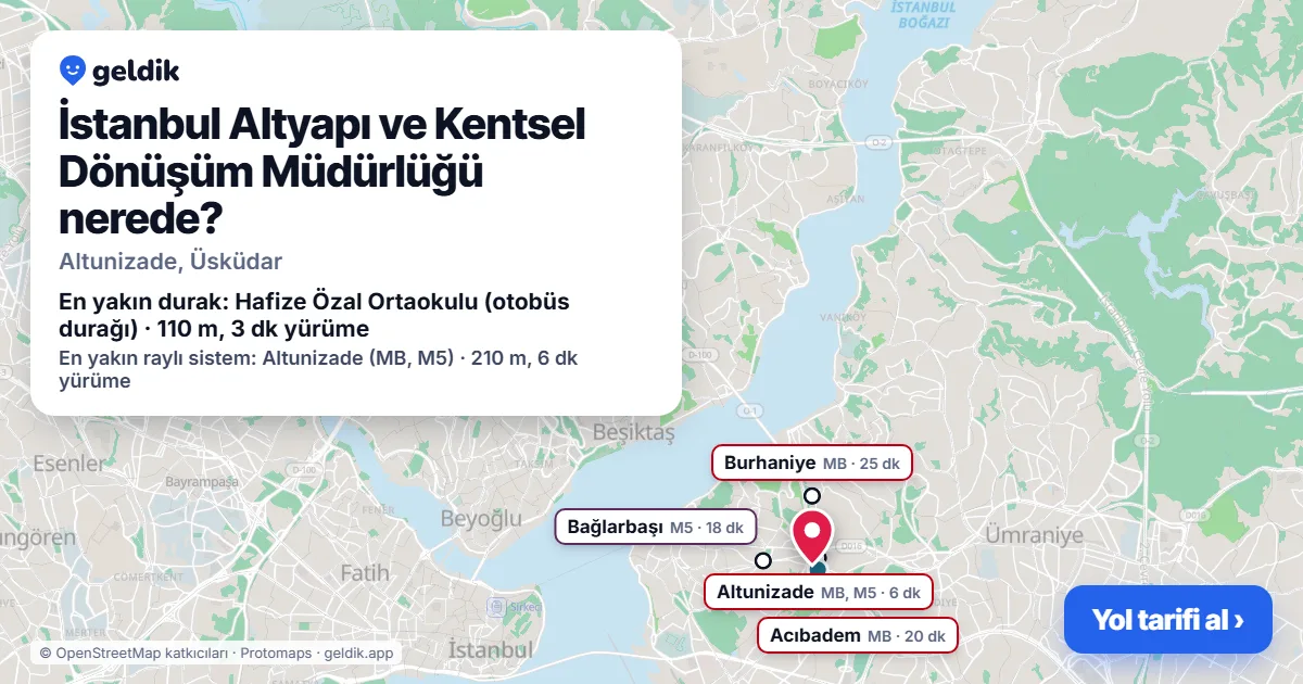 İstanbul Altyapı ve Kentsel Dönüşüm Müdürlüğü nerede: haritada konumu ve en yakın duraklar, yürüme süreleriyle