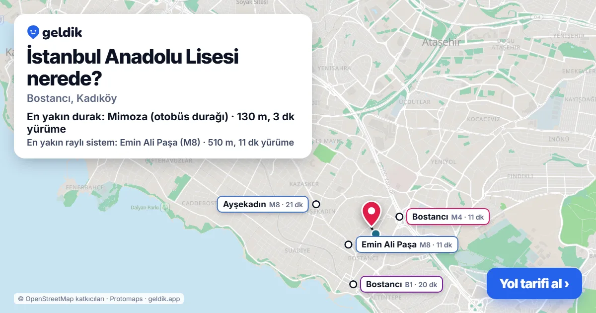İstanbul Anadolu Lisesi nerede: haritada konumu ve en yakın duraklar, yürüme süreleriyle