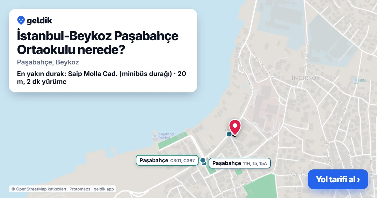İstanbul-Beykoz Paşabahçe Ortaokulu nerede: haritada konumu ve en yakın duraklar, yürüme süreleriyle