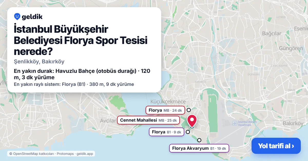 Where is İstanbul Büyükşehir Belediyesi Florya Spor Tesisi: map with its location and the nearest stops, with walking times