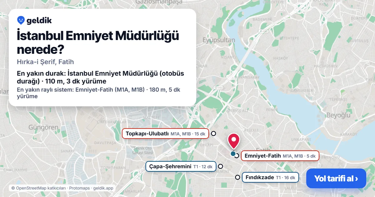 Where is İstanbul Emniyet Müdürlüğü: map with its location and the nearest stops, with walking times