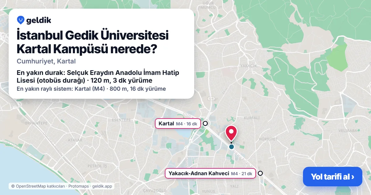 İstanbul Gedik Üniversitesi Kartal Kampüsü nerede: haritada konumu ve en yakın duraklar, yürüme süreleriyle